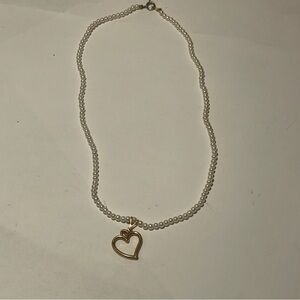 Gold Tone Heart Pendant Faux Pearl Necklace Child Size 15”